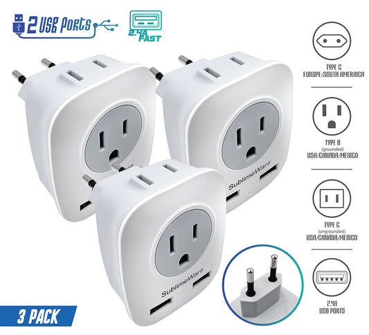 European Power Adapter w/ 2 USB Ports & 2 AC Outlets - USA to EU 3 Pack