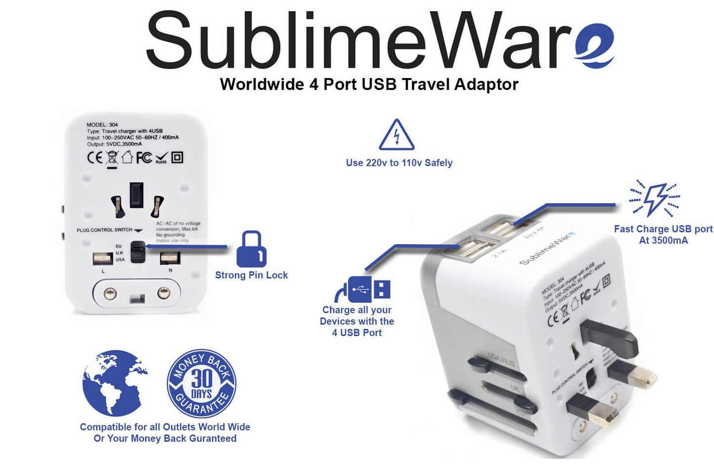 4 USB Ports Power Plug Adapter (White Silver)