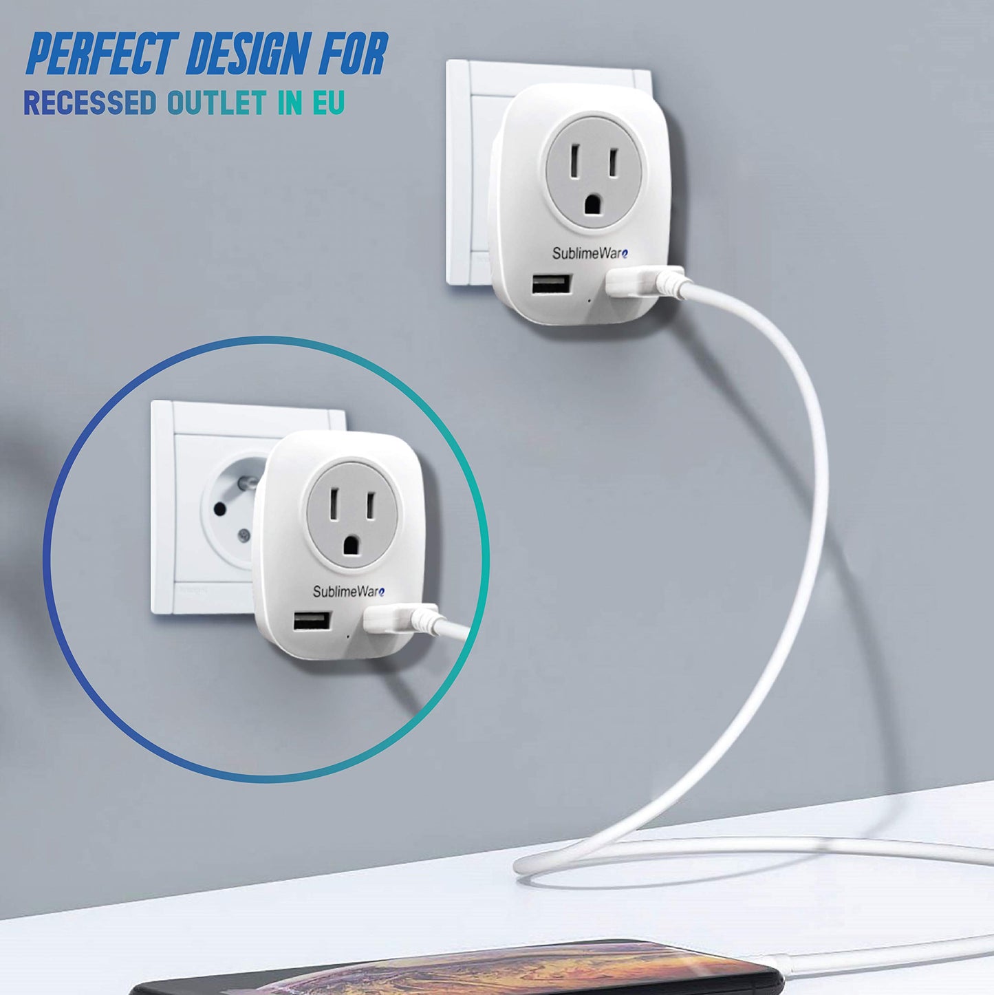 European Power Adapter w/ 2 USB Ports & 2 AC Outlets - USA to EU 1 Pack