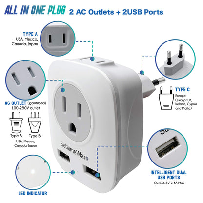 European Power Adapter w/ 2 USB Ports & 2 AC Outlets - USA to EU 1 Pack