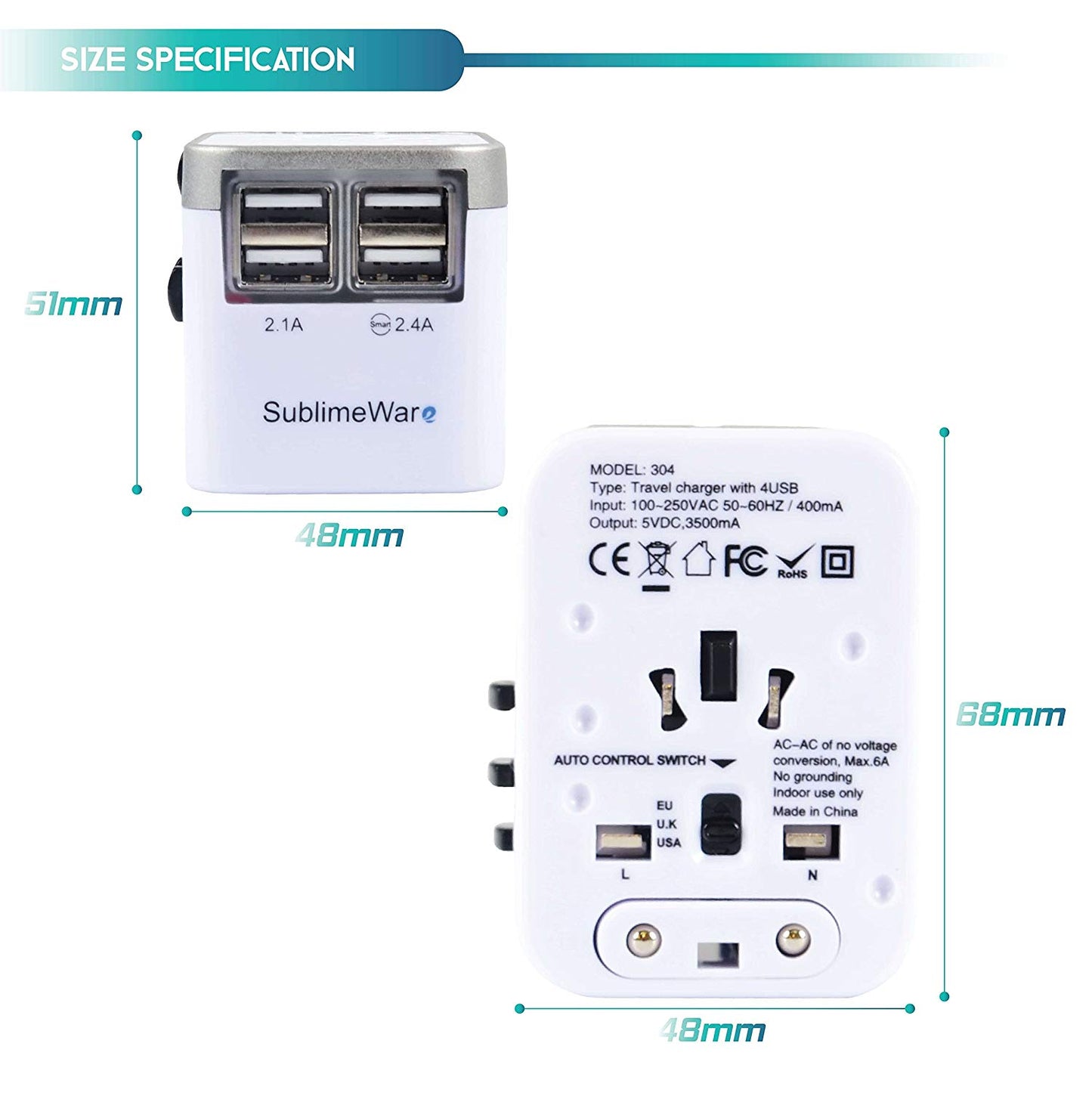 4 USB Ports Power Plug Adapter (White Silver)
