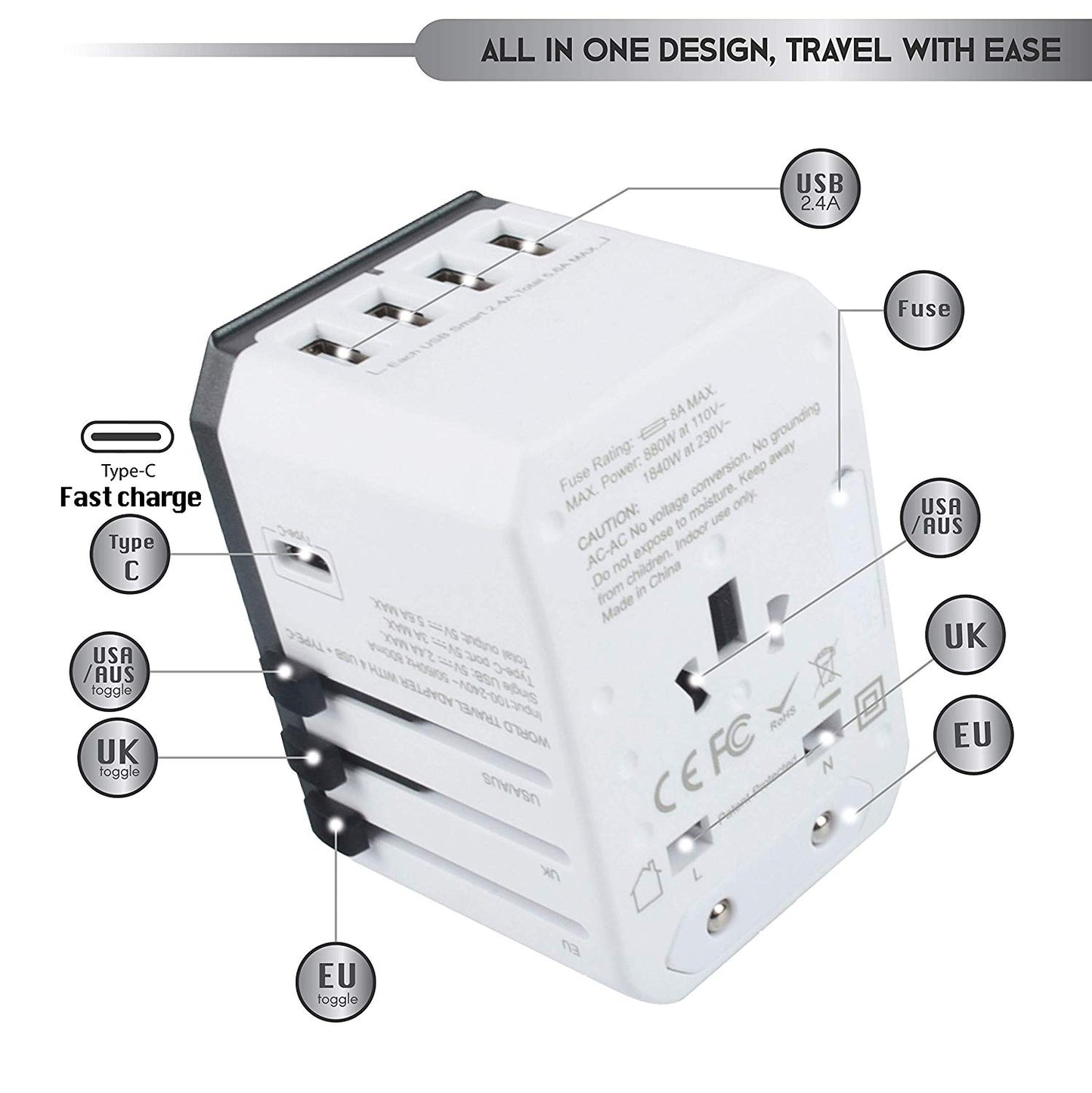 5 USB Ports Power Plug Adapter (White Silver)