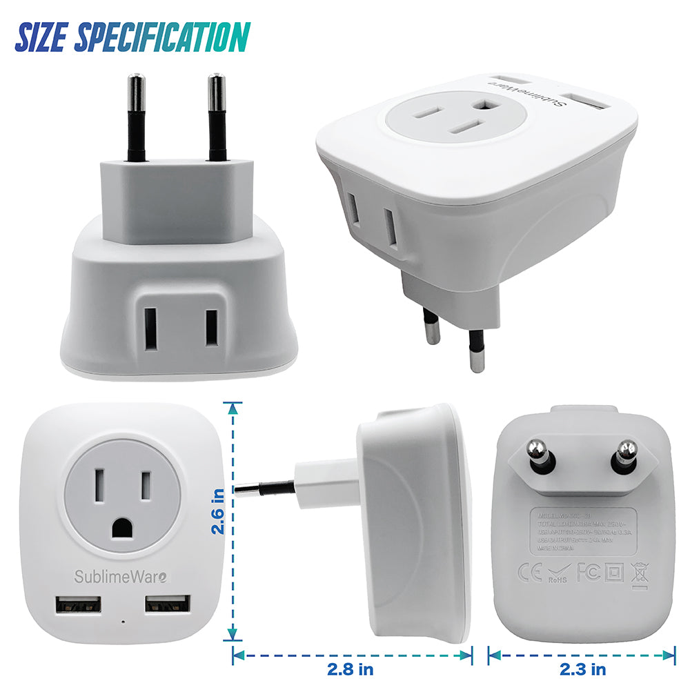 European Power Adapter w/ 2 USB Ports & 2 AC Outlets - USA to EU 3 Pack