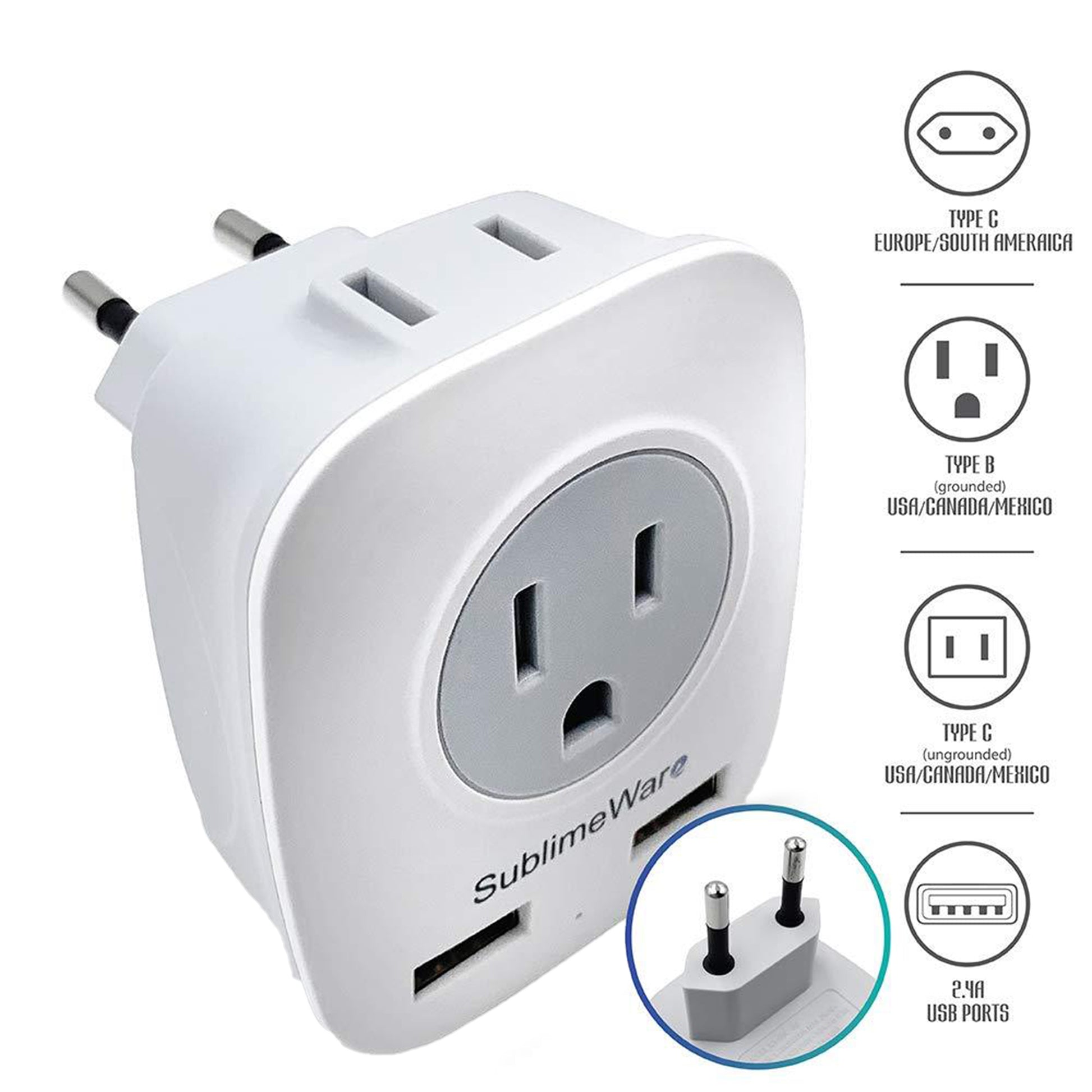 gnist campingvogn Børnepalads European Power Adapter w/ 2 USB Ports & 2 AC Outlets - USA to EU 1 Pac –  SublimeWare