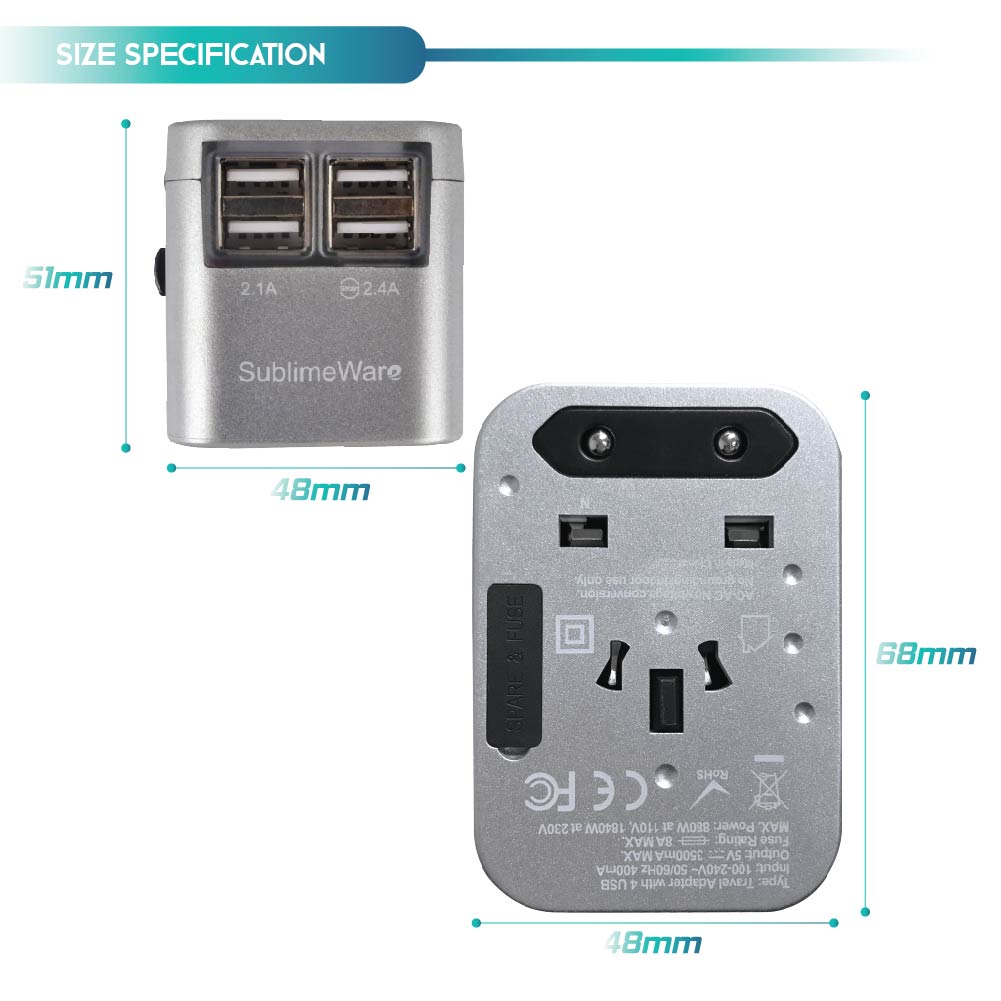 4 USB Ports Power Plug Adapter (Chrome)