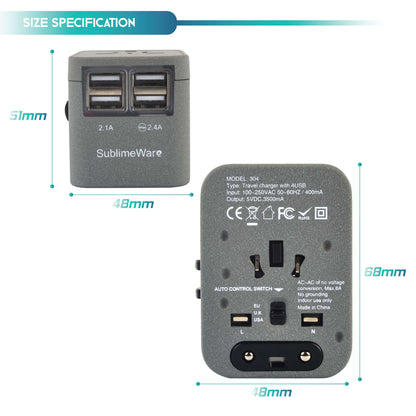 4 USB Ports Power Plug Adapter (SandGrey)